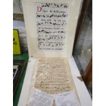 17TH CENTURY MUSIC, a French Georgian double sided Chant and 1 other, both mounted