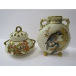 ROYAL WORCESTER, aesthetics design bird decorated twin handled vase, 5" height; also Royal Worcester