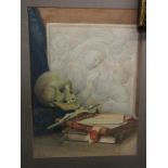 S RIDELL, signed watercolour dated 1909 "Still life - Skull and Plaque", 19" x 14"