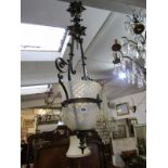 LIGHTING, vaseline glass shade, brass mounted hanging light fitting of Edwardian design (shade af)