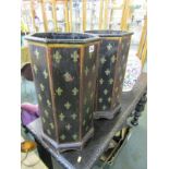 INTERIOR DESIGN, pair of painted octagonal tidy bins, decorated with fleur de lis designs, 20"