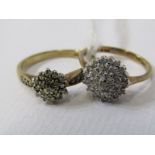 2 9ct YELLOW GOLD DIAMOND SET CLUSTER RINGS, 1 size L, other size I