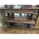 ANTIQUE OAK BUFFET, carved oak triple shelved buffet with cup and cover design and 2 frieze drawers,