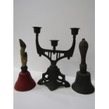 METALWARE, 2 table bells, 1 with deer hoof handle, together with Jugendstil triple branch candelabra