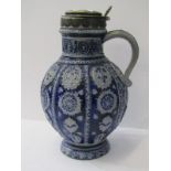 WESTERWALD, a Rhenish stoneware spherical bodied jug with plated mount and lid 9.5" high