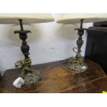 LIGHTING, antique finish, pair of metal candlestick base table lamps and shades