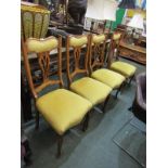 EDWARDIAN CHAIRS, set of 4 pierced back gold upholstered salon chairs on slender cabriole legs