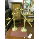 METALWARE, pair of Arts & Craft design brass triple sconce candelabra, 18" height