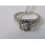 14ct WHITE GOLD DIAMOND CLUSTER RING, principal princess cut diamond approx 0.5 ct, surrounded by