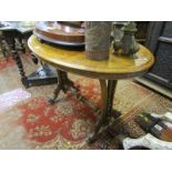 VICTORIAN BURR WALNUT OCCASIONAL TABLE, an attractive oval topped table with carved scroll legs