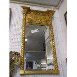 GILDED OVER MANTEL MIRROR, of classical design decorated chariots to top with a bevel edge mirror