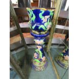 MAJOLICA, blue ground foliate design jardiniere and stand, base moulded Cobbs of Oxford, height 37"