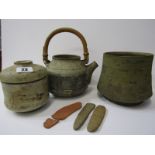 STUDIO POTTERY, Ian Godfrey, glaze lidded jar, teapot base & vase