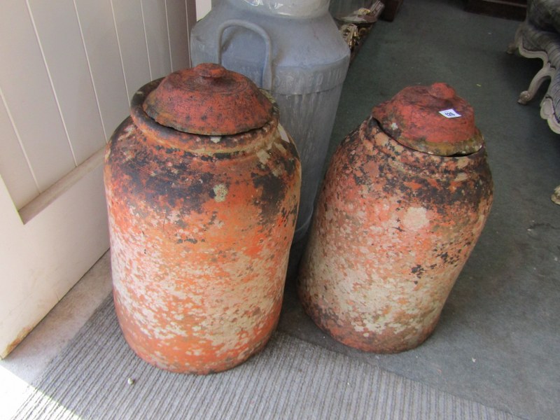 EARTHENWARE RHUBARB FORCERS, a pair of lidded earthenware rhubarb forcers with lids, 23" high