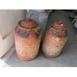 EARTHENWARE RHUBARB FORCERS, a pair of lidded earthenware rhubarb forcers with lids, 23" high