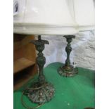 LIGHTING, pair of antique finish candlestick base metal table lamps with shades