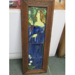 ART NOUVEAU, a tiled picture panel "portrait of young lady in blue dress" in style of Minton