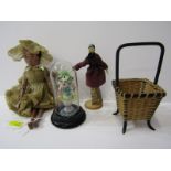 TOYS, early jointed peg doll, spun glass floral display under dome a/f, wicker basket and 1 other