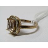 9CT GOLD DRESS RING, set an emerald cut Morganite with baguette cut diamonds to the outer, size L