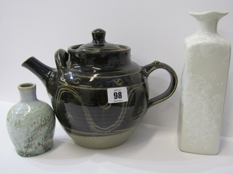 STUDIO POTTERY, a large stoneware spherical teapot, also stoneware slip glazed specimen vase and