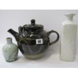STUDIO POTTERY, a large stoneware spherical teapot, also stoneware slip glazed specimen vase and