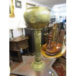 METALWARE, embossed brass pillar support jardiniere, 33" height