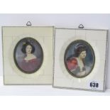 PAIR OF MINIATURE PORTRAITS, in decorative "Piano Key" frames