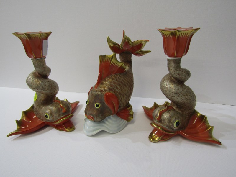 HEREND, pair of gilded fish base candle holders, 5.5" height, together with similar fish ornament (