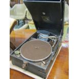 GRAMOPHONE, black fibre cased portable gramophone by His Masters Voice
