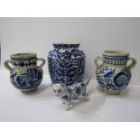 DELFT, pair of twin handled bird & floral decorated 4" jars together with 1 similar floral decorated