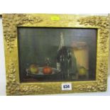 RUSSEL JOHNSON, signed oil on canvas "Still Life - Wine Bottle and Fruit", 6.5" x 9.5"