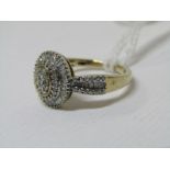 DIAMOND CLUSTER RING, 9ct yellow gold ring set a cluster of diamonds in halo form, with diamond