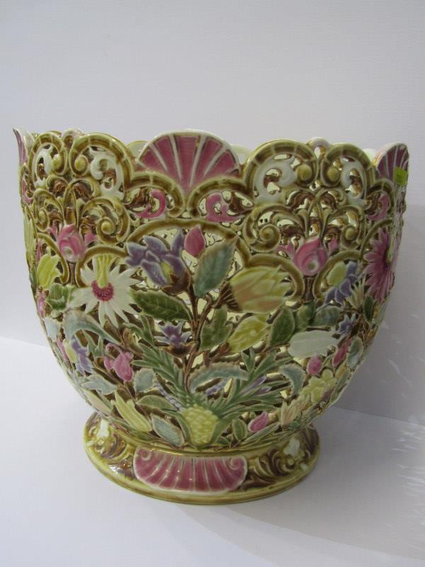 ZSOLNAY, an attractive pierced and gilt floral design jardiniere, model no 3835, 10" height
