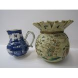 ORIENTAL CERAMICS, unusual Satsuma "Bag" design lidded jar, 6" height; also Nanking sparrow beaked