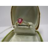 18ct YELLOW GOLD PINK SAPPHIRE & DIAMOND RING, pear cut padparasha pink sapphire and diamond ring,