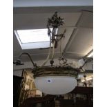 LIGHTING, Edwardian design triple branch glass hanging light fitting with cut glass and frosted dome