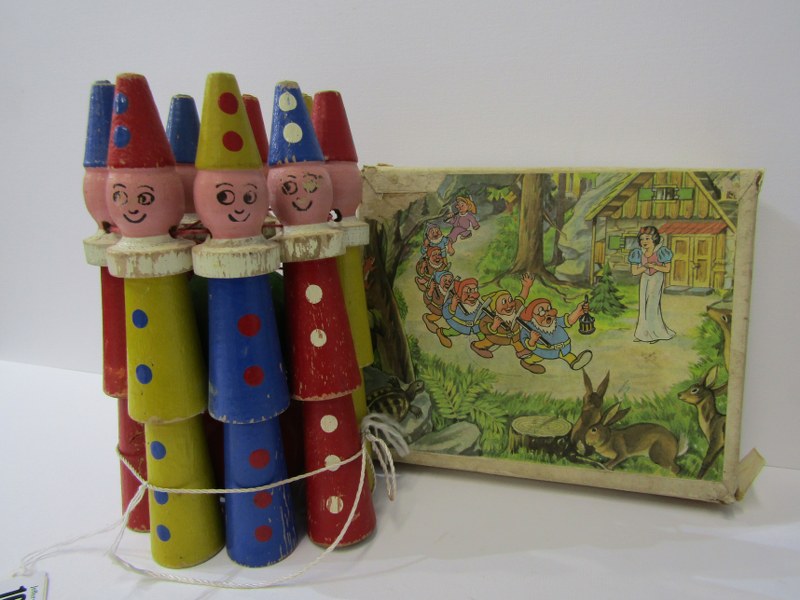 TOYS, vintage wooden skittles set depicted as painted clowns and original boxed Snow White puzzle
