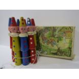 TOYS, vintage wooden skittles set depicted as painted clowns and original boxed Snow White puzzle