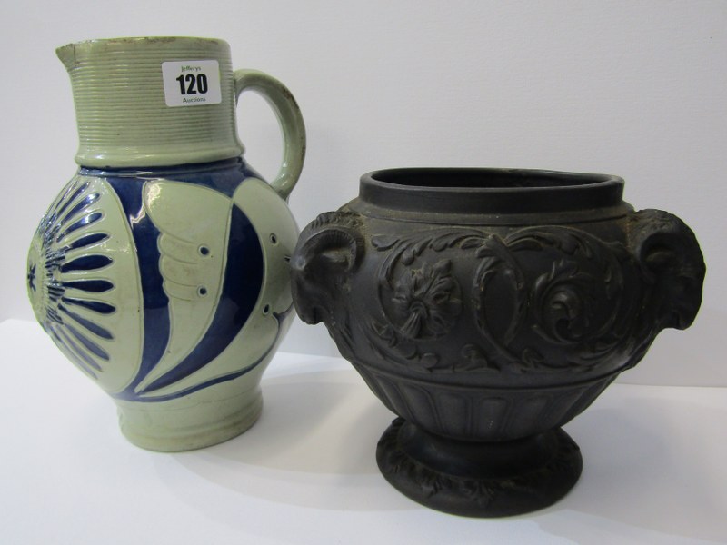 WEDGWOOD, "Westerwald" style jug also black basalt vase with rams head handle, 6"