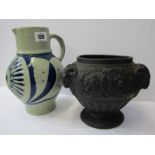 WEDGWOOD, "Westerwald" style jug also black basalt vase with rams head handle, 6"