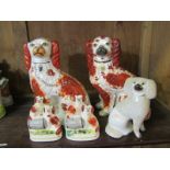 STAFFORDSHIRE POTTERY, 2 Victorian seated Ochre Spaniels, pair of miniature spaniel groups and 1