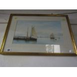 ROBERT MOORE, signed watercolour "Sailing Boats off Jetty", 9" x 15.5"