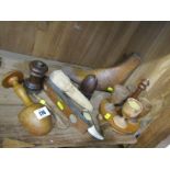 TREEN, pastry cutter, egg cup stand, love token, metal and mounted spirit level etc,