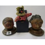 VINTAGE JACK-IN-THE-BOX, also pair of carved wooden comical heads
