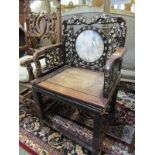 ORIENTAL FURNITURE, mother of pearl inlaid rosewood throne chair with painted marble circular