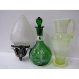 MARY GREGORY, green glass decanter, also Edwardian vaseline glass jug and textured glass hanging