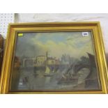 19th CENTURY ENGLISH SCHOOL, oil on canvas "Busy River Traffic near Bridge", 11.5" x 15"