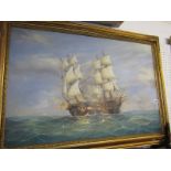 MARITIME, signed painting on canvas "Naval Engagement", 23" x 35"