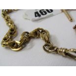 GOLD WATCH CHAIN. American gold pocket watch chain (Test as 14ct) with swivel fob