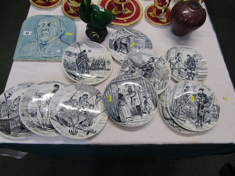 ANTIQUE FRENCH POTTERY PARIS SIEGE, set of 11 transfer printed dessert plates depicting scenes